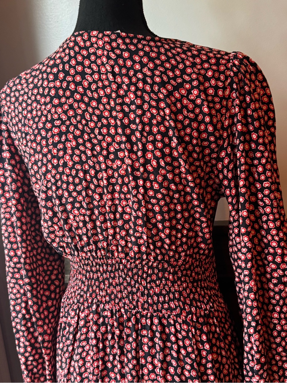 Leith navy, red, pink Floral Long Sleeve V-Neck Midi Dress small - Picture 5 of 11